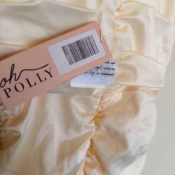 Oh Polly Cream Ruched Mini Dress w/ Lace Trim Satin  in Oyster White NWT Size 8 - Picture 10 of 12